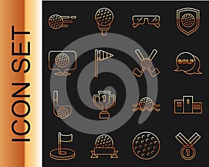 Set line Medal golf, Award over sports winner podium, Golf label, Glasses, flag, ball and Crossed club with icon. Vector