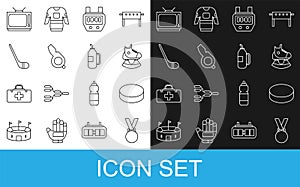 Set line Medal, Hockey puck, Skates, Stopwatch, Whistle, Ice hockey stick, Retro tv and Fitness shaker icon. Vector