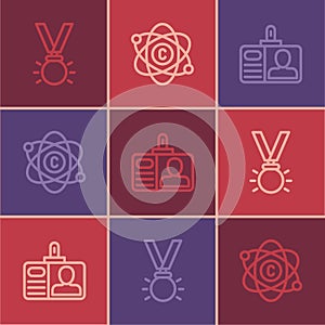 Set line Medal, Identification badge and Atom icon. Vector