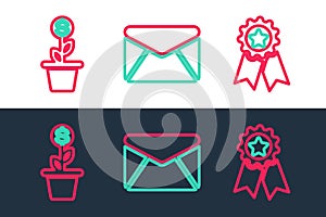 Set line Medal with star, Dollar plant in the pot and Envelope icon. Vector