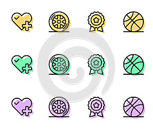 Set line Medal with star, Heart rate, Car wheel and Basketball ball icon. Vector