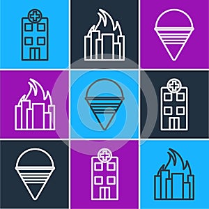 Set line Medical hospital building, Fire cone bucket and Fire in burning buildings icon. Vector