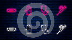 Set line Medical rubber gloves, Stethoscope, protective mask and Syringe and virus. Glowing neon icon on brick wall