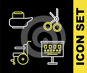 Set line Medical scissors, Eye test chart, Wheelchair for disabled person and Bedpan icon. Vector