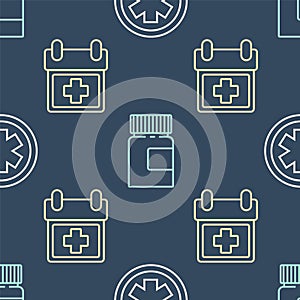 Set line Medical symbol of the Emergency, Doctor appointment and Medicine bottle on seamless pattern. Vector