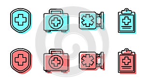 Set line Medical symbol of the Emergency, Medical shield with cross, First aid kit and Medical clipboard with clinical