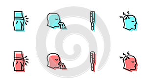 Set line Medical thermometer, Abdominal bloating, Vomiting man and Man having headache icon. Vector