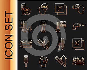 Set line Medical thermometer, Celsius, Digital, Fahrenheit, Meteorology, and Thermometer with snowflake icon. Vector