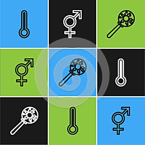 Set line Medical thermometer, Virus under magnifying glass and Gender icon. Vector