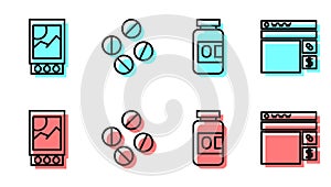 Set line Medicine bottle and pills, Open matchbox and matches, Medicine pill or tablet and Buying drugs online icon