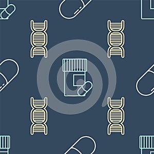 Set line Medicine pill or tablet, DNA symbol and Medicine bottle and pills on seamless pattern. Vector