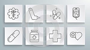 Set line Medicine pill or tablet, Inhaler, bottle, Cross hospital medical, Heart with cross, IV bag and Emergency star