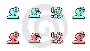 Set line Medicine pill or tablet, Solution problem psychology, Finding and Insomnia icon. Vector