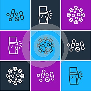 Set line Medicine pill or tablet, Virus and Abdominal bloating icon. Vector