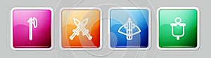 Set line Medieval axe, Crossed medieval sword, Battle crossbow with arrow and flag. Colorful square button. Vector