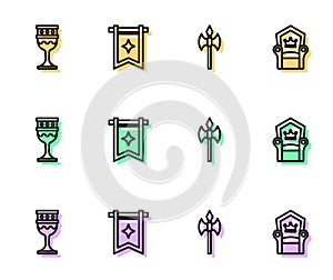 Set line Medieval axe, goblet, flag and throne icon. Vector