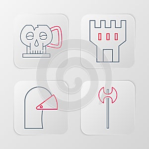 Set line Medieval axe, iron helmet, Castle tower and Cup from the skull icon. Vector