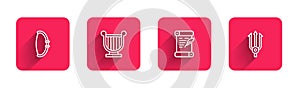 Set line Medieval bow, Ancient lyre, Decree, parchment, scroll and Neptune Trident with long shadow. Red square button
