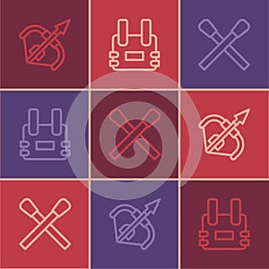 Set line Medieval bow and arrow, Burning match with fire and Bulletproof vest icon. Vector