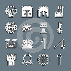 Set line Medieval chained mace ball, Old key, iron helmet, Wooden four-wheel cart, wooden, Skull and goblet icon. Vector