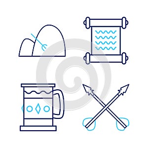 Set line Medieval crossed arrows, Wooden mug, Decree, parchment, scroll and Bale of hay and rake icon. Vector