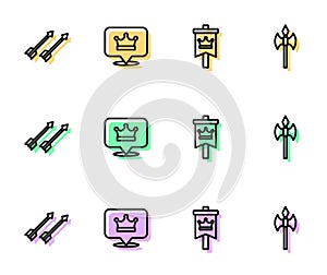 Set line Medieval flag, arrows, King crown and axe icon. Vector