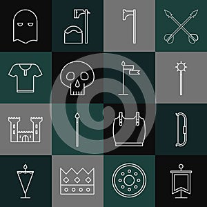 Set line Medieval flag, bow, chained mace ball, axe, Skull, Body armor, Executioner mask and icon. Vector