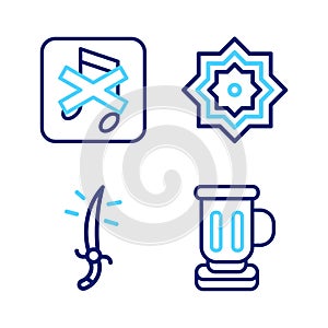 Set line Medieval goblet, Arabian saber, Octagonal star and Speaker mute icon. Vector