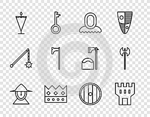 Set line Medieval iron helmet, Castle tower, hood, King crown, flag, axe, Round wooden shield and icon. Vector