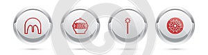 Set line Medieval iron helmet, , chained mace ball and Old wooden wheel. Silver circle button. Vector