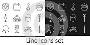 Set line Medieval spear, axe, Old key, King crown, flag, Round wooden shield, Executioner mask and Body armor icon
