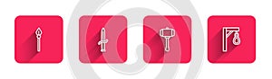 Set line Medieval spear, Dagger, Hammer and Gallows with long shadow. Red square button. Vector