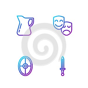Set line Medieval sword, Greek shield, Bottle of olive oil and Comedy and tragedy masks. Gradient color icons. Vector