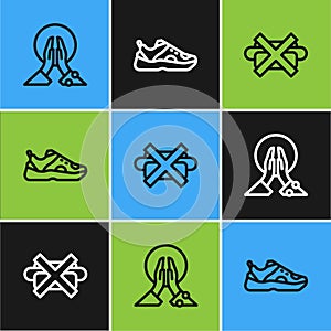 Set line Meditation, No junk food and Sport sneakers icon. Vector