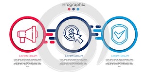 Set line Megaphone, Cursor and coin and Shield with check mark. Business infographic template. Vector