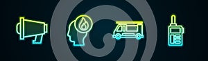 Set line Megaphone, Firefighter, truck and Walkie talkie. Glowing neon icon. Vector