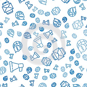 Set line Megaphone, Mobile and envelope and World map made from speech bubble on seamless pattern. Vector