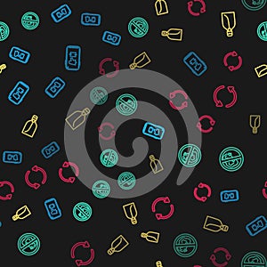 Set line Megaphone on mobile, No trash, Bottle of liquid soap and Refresh on seamless pattern. Vector