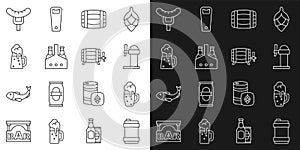 Set line Metal beer keg, Glass of, Dispenser, Wooden barrel, Pack bottles, mug, Sausage on the fork and icon. Vector