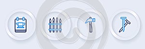 Set line Metallic nails, Hammer, Classic iron fence and Blacksmith anvil tool icon. Vector