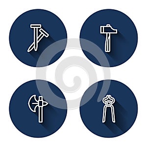 Set line Metallic nails, Hammer, Medieval axe and Blacksmith pliers tool with long shadow. Blue circle button. Vector