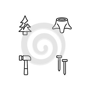 Set line Metallic nails, Hammer, Tree and stump icon. Vector