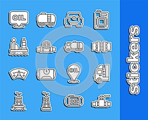 Set line Metallic pipes and valve, Gas tank for vehicle, Oil platform in the sea, Word oil and Tanker truck icon. Vector