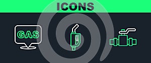 Set line Metallic pipes and valve, Location gas station and Gasoline pump nozzle icon. Vector