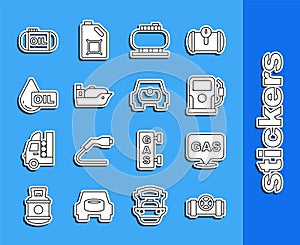 Set line Metallic pipes and valve, Location gas station, Petrol or, Oil tank storage, tanker ship, drop, and Gas for