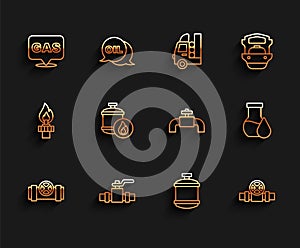 Set line Metallic pipes and valve, Location gas station, Propane tank, Oil petrol test tube and icon. Vector