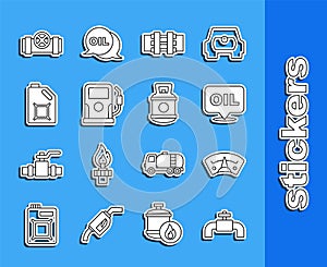 Set line Metallic pipes and valve, Motor gas gauge, Word oil, Petrol station, Canister for motor, and Propane tank icon