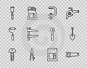 Set line Metallic screw, Hand saw, Clamp tool, Drawing compass, Putty knife, Cement bag and Shovel icon. Vector