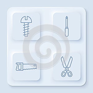 Set line Metallic screw, Screwdriver, Hand saw and Scissors. White square button. Vector.