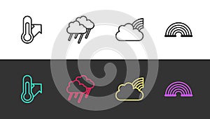 Set line Meteorology thermometer, Cloud with rain, Rainbow clouds and on black and white. Vector
